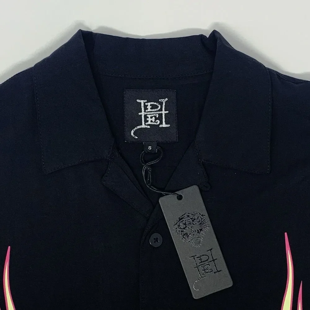 Ed Hardy NWT Tattoo Black Fire Heart Short Sleeve Button Up Men's Shirt Size Sm‎